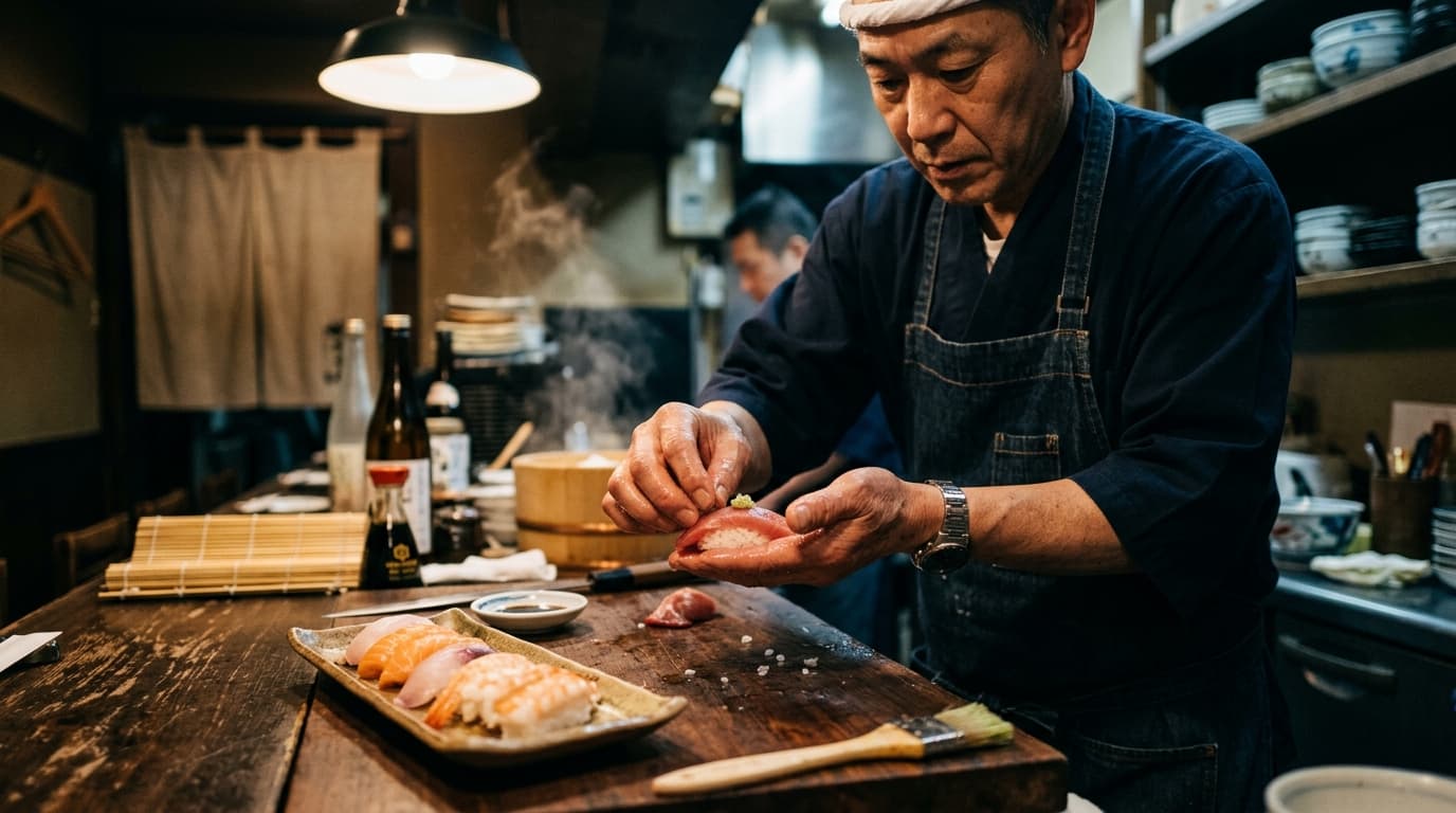 Sushi chef preparing fresh nigiri